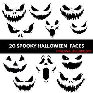 Könnte beinhalten: Eine Sammlung von 20 gruseligen Halloween-Gesichtern in Schwarz und Weiß. Die Gesichter haben verschiedene Ausdrücke, darunter Grinsen, wütende Augen und offene Münder. Der Text unten lautet "20 SPOOKY HALLOWEEN FACES" mit Dateitypoptionen.