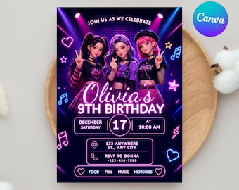 May include: A birthday invitation card featuring three animated characters in black outfits against a dark purple neon background with music notes and hearts. The text reads: JOIN US AS WE CELEBRATE Olivia's 9TH BIRTHDAY, DECEMBER 17, 10:00 AM.