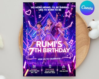 May include: A digital birthday invitation card featuring three animated characters in purple outfits on a stage with neon lights. The text reads: NO MORE HIDING, I'LL BE SHINING LIKE I'M BORN TO BE, RUMI'S 7TH BIRTHDAY, JOIN US TO CELEBRATE, and event details.