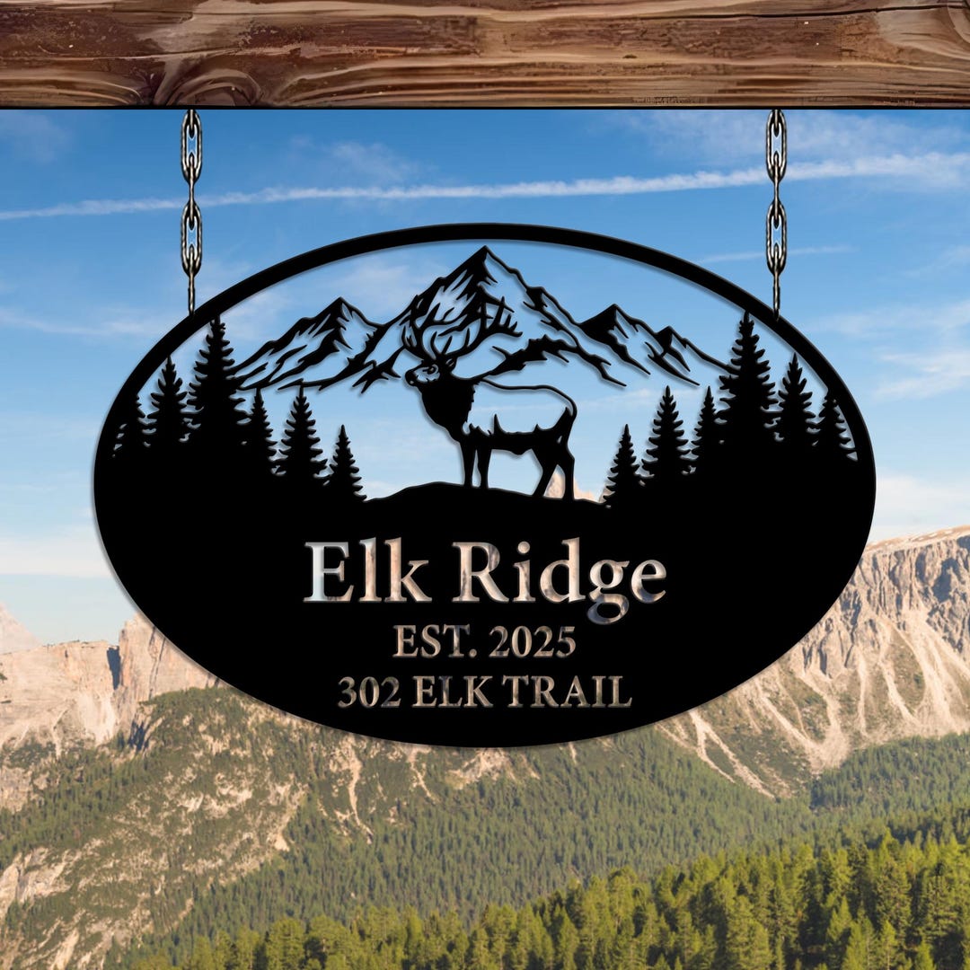 Personalized Elk Mountain Metal Sign | Custom Cabin Name & Address Sign ...