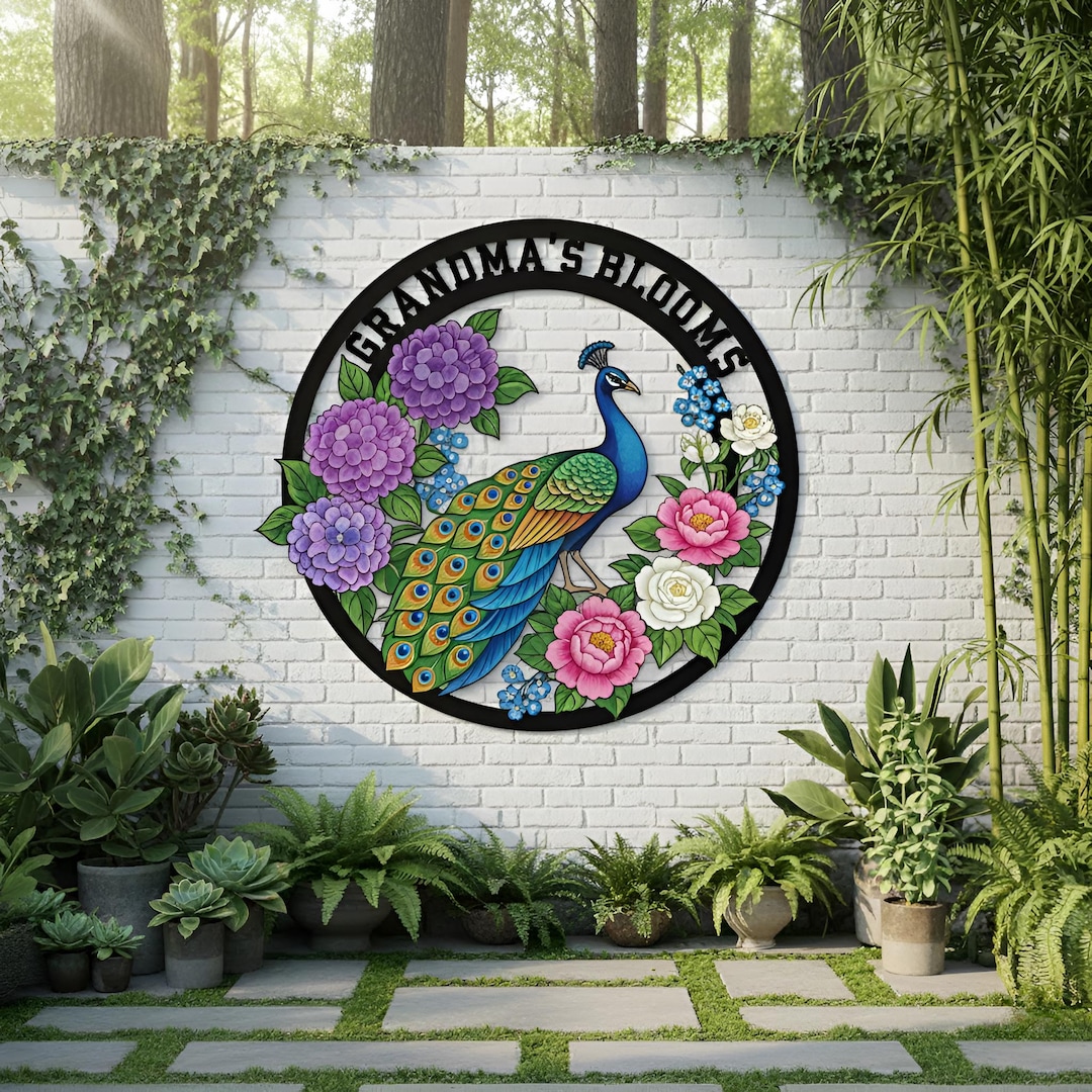 Personalized Peacock Garden Metal Wall Art Custom Name Floral Outdoor ...