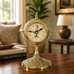 May include: A gold-colored, vintage-style desk clock with a round face and Roman numerals. The clock has a decorative base and a detailed bezel. The clock's hands are black and red, and the face is cream-colored. The clock is approximately 8 inches tall.