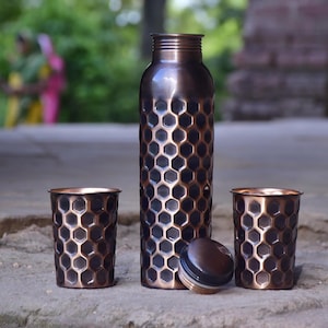 Handmade personalized honeycomb design copper water bottle with two matching tumblers, 34 oz, eco-friendly Ayurvedic drinkware gift set