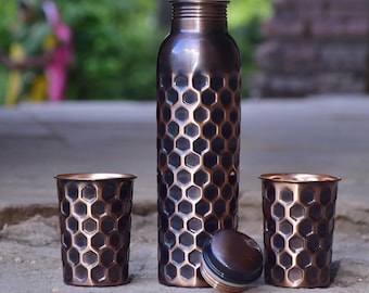 Personalized Honeycomb Copper Bottle Set: 34oz Engraved Tumblers, Eco-Friendly Gift