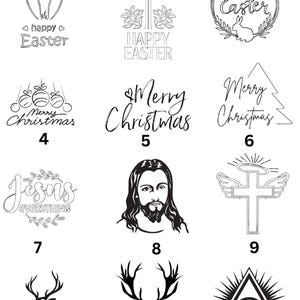 May include: A collection of black and white line art designs. Includes Easter and Christmas greetings, a depiction of Jesus, crosses, deer, and an all-seeing eye symbol. Ideal for crafting or decorative purposes.