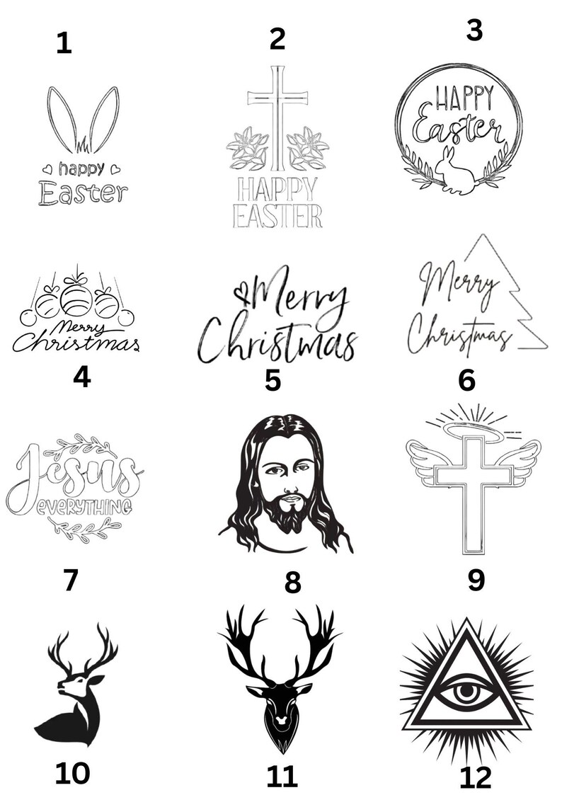 May include: A collection of black and white line art designs. Includes Easter and Christmas greetings, a depiction of Jesus, crosses, deer, and an all-seeing eye symbol. Ideal for crafting or decorative purposes.
