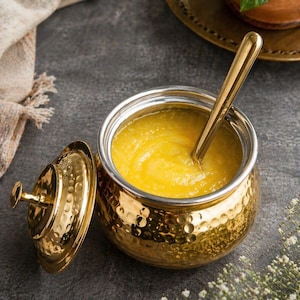 Brass Ghee Pot with Spoon Tin Lined Oil Container Kitchen Storage Jar Handmade Masala Holder Indian Serve ware Gift Home Decor