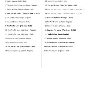 May include: A white background displays a list of phrases "You Are My Love" in various fonts, including Arial, Calibri, Times New Roman, and Verdana. Each phrase is followed by the font style, such as Regular, Bold, or Italic.