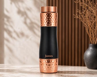 Personalized 34 oz Copper Water Bottle, Black Powder Coated Hammered Design, Leak Proof, Custom Engraved Gift | Reusable Copper Drinkware