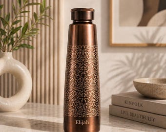 Personalized Black Hand Etched Copper Water Bottle Custom Gift for Office Home Travel Wedding Birthday Anniversary Gifts!