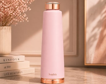 Personalized Pink Copper Water Bottle 34 oz, Leak Proof Metal Flask, Engraved Name Gift, Yoga Hydration Bottle, Travel Drinkware Gift