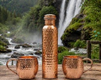 Pure Copper Water Bottle with 2 Hammered Mule Mugs, Ayurvedic Drinkware Gift Set, Rustic Kitchen Bar Decor, Handmade Cup Set
