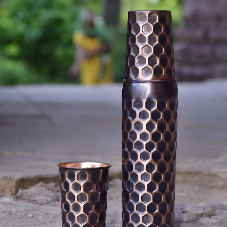 Designer honeycomb pattern copper water bottle with stackable copper tumblers, handmade and eco-friendly gift set