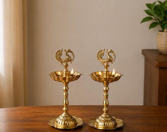Par de lámparas de aceite Annapakshi de latón hechas a mano, de un solo paso, juego tradicional de lámparas de aceite con forma de pájaro, decoración para Pooja, regalo para festivales indios, decoración para el hogar y el templo.