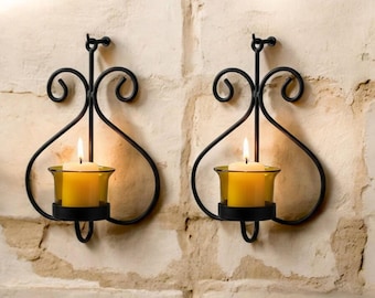 Handmade Wrought Iron Wall Hanging Candle Holder Set of 2, Metal Tea Light Sconce with Glass Cups, Rustic Home Decor, Wall Candle Stand