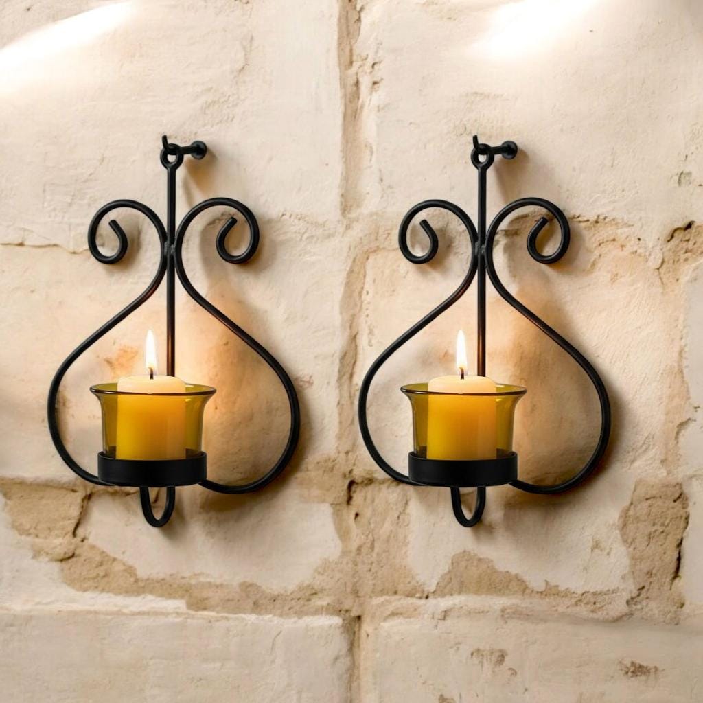 Applique Murale En Fer Forgé - Bougeoir Pour Bougie Pot - Hauteur 14 Pouces - Noir