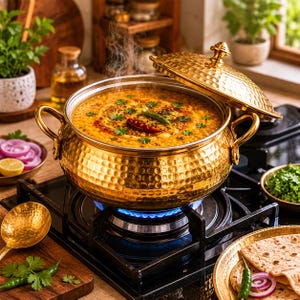 May include: A golden, hammered-metal pot of steaming yellow dal, garnished with herbs and chili peppers, sits on a gas stove. A matching lid is partially open. Accompanied by a golden spoon, onions, and flatbread, this image evokes a warm, inviting meal.