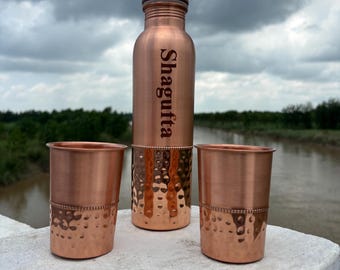 Personalized Copper Bottle with Tumblers Engraved Name Hammered Copper Drinkware Gift Set for Home Travel Wedding Birthday Anniversary Gifts