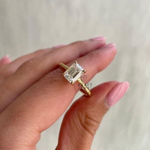 Hidden Halo Engagement Diamond Ring, 14K White Gold Plated, Wedding Solitaire Silver Ring, 2 Ct Emerald Cut Moissanite, Anniversary Gifts