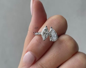 4 Ct Marquise & Pear Cut Moissanite, Double Stone Wedding Ring, 14K White Gold Plated, Engagement Toi Et Moi Ring, Handmade Jewelry For Her