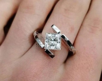 2 CT Tension Set Princess Cut Moissanite, Diamond Ring Engagement Ring Statement Ring 14K Gold Plated Floating Princess Cut Wedding Ring