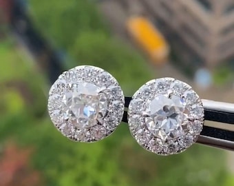 Pendiente de moissanita de corte redondo, pendiente de botón con halo redondo y cierre a presión, pendiente chapado en oro de 14 quilates, pendiente de moissanita para boda, pendiente de regalo de novia