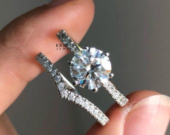 Moissanite Engagement Rings Set, 1.91 Ct Round Moissanite, Wedding Chevron Eternity Band, 14K White Gold Plated, Bridesmaid Gifts, Ring Set