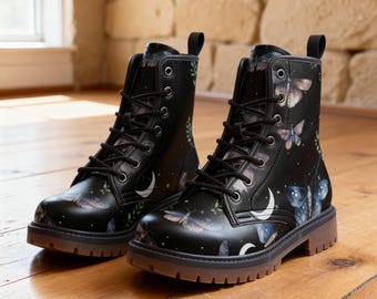 Butterflies in Magical Forest on Black Vegan Leather Combat Boots