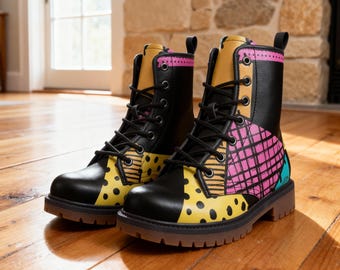 Patchwork Patterned Vegan Leather Combat Boots