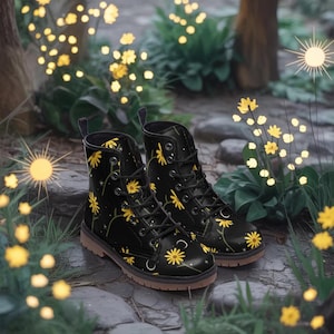 Celestial Sunflowers on Black Vegan Leather Combat Boots