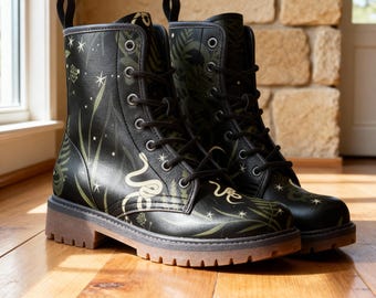 Nocturnal Snakes in Enchanted Forest in Black Vegan Leather Combat Boots