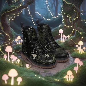 Nocturnal Snakes in Enchanted Forest in Black Vegan Leather Combat Boots