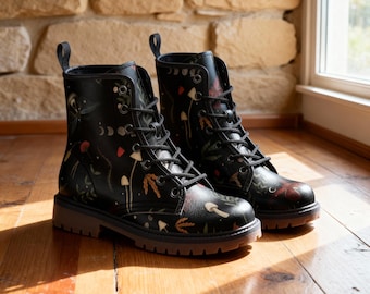 Mushroom Fairycore Combat Boots | Moon Phase & Moth Fantasy Boots | Unisex Fae Folk Woodland Footwear | Whimsical Witch Renfaire Gift