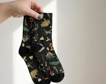 Goblincore Frog Socks – Cottagecore Tiny Forest Creatures Socks - Mushrooms & Moths Crew Socks - Handmade Nature Themed Fashion Accessories