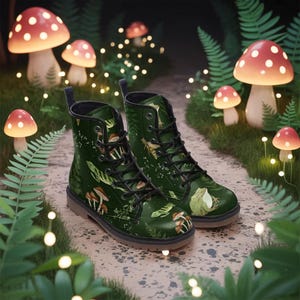 Magick Fauna Print on Green Forest Vegan Leather Combat Boots