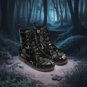 Ravens Of The Night On Black Vegan Leather Combat Boots