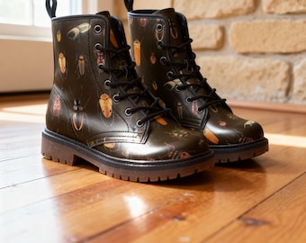 Scarab Beetle Combat Boots | Vegan Leather Insect Print Boots | Unisex Cottagecore Goblincore Nature Shoes | Entomology Bug Lover Gift