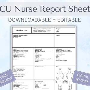 May include: A downloadable and editable ICU Nurse Report Sheet. The sheet includes sections for patient stickers, diagnosis, neuro status, cardiovascular, respiratory, medications, and skin assessment. The design is user-friendly and available in a digital format.