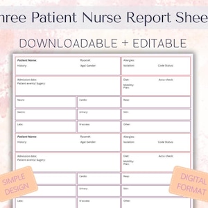May include: A downloadable and editable document titled "Three Patient Nurse Report Sheets." The document features a simple design with sections for patient information, medical history, and care details. The document includes the text "DOWNLOADABLE + EDITABLE."