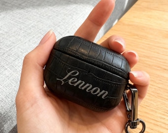 Personalized Crocodile AirPods Case, Engraved Monogram, PU Leather