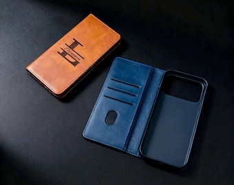 Personalized Leather iPhone Wallet Case, Custom Initial Engraving