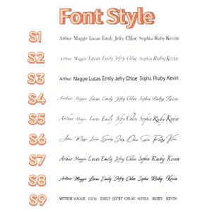 May include: A white background displays nine different font styles, labeled S1 through S9. Each style presents the same list of names: Arthur, Maggie, Lucas, Emily, Jefry, Chloe, Sophia, Ruby, and Kevin. The title "Font Style" is at the top.