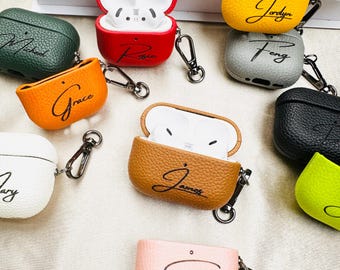 Personalized Name Leather Airpods Case, Engraved Monogram Airpod Pro Case