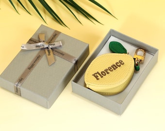 Personalized Name/Text PU Leather Lemon Coin Purse, Custom Jewelry Pouch, Bag Decor Keyring, Jewelry Case Keychain, Custom Gift for Her
