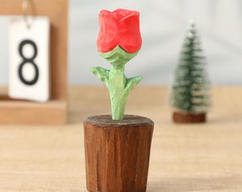 Hand Carved Wooden Rose Figurine, Flower Sculpture Desk & Shelf Decor, Collectible Wood Carving, Cute Artisan Gift for Her