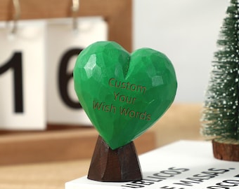 Hand-Carved Wooden Green Heart Shape Tree Figurine with Your Custom Engraved Wish Words, Rustic Wood Desk Decor, Eco-friendly Gift