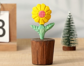 Hand Carved Wooden Sunflower Figurine, Floral Sculpture Desk & Shelf Decor, Collectible Wood Carving, Cute Artisan Gift for Teacher