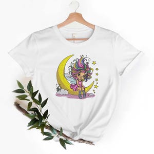 Fairy on Moon Embroidery Design: Rainbow Hair, Magical Girl (Instant Download)