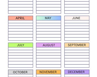 Editable Yearly Planner, Printable Yearly Overview on One Page, Year at a Glance, Undated Minimalist Planner, Calendar Template, Annual Plan