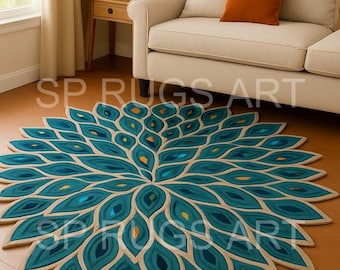 Tappeto a petali di fiori color verde acqua, tappeto floreale irregolare, tappeto in lana trapuntato fatto a mano, tappeto boho per soggiorno, tappeto rotondo moderno decorativo